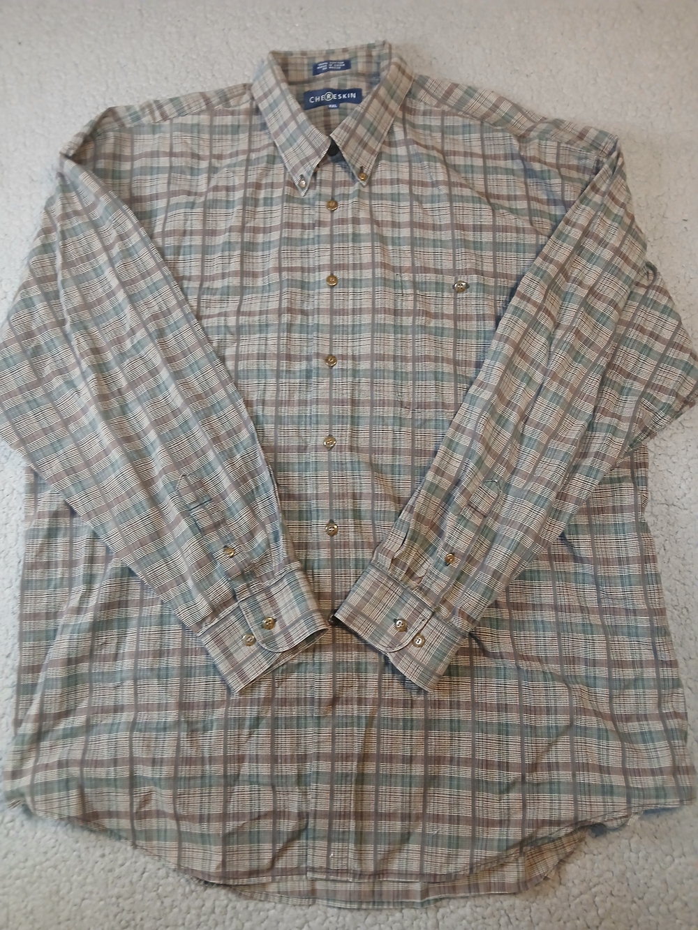 Chereskin Mens Shirt Long Sleeve Size XXL Blue Up Collar 100% Cotton Brown Grey